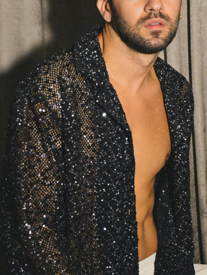 Black Sequin Sheer Open-Front Shirt With Oversized Silhouette - SD & CO.