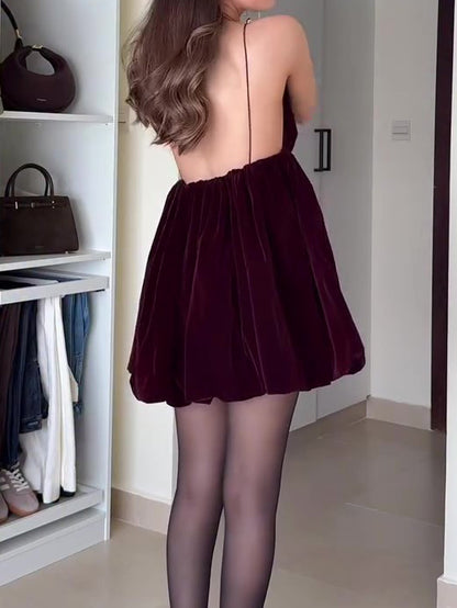 Burgundy Velvet Mini Dress With Plunging Neckline And Flared Silhouette