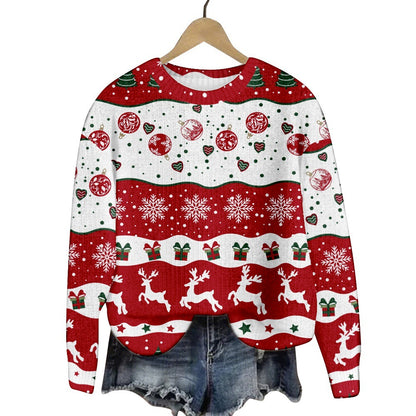 Christmas Cat Hat Snowflake Print Women's Round Neck Sweatshirt
