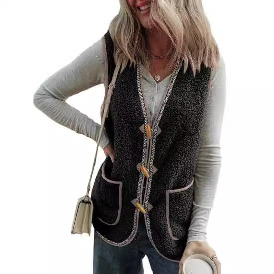 Women's Casual Contrast Color Sleeveless Cardigan Outerwear Plush Vest