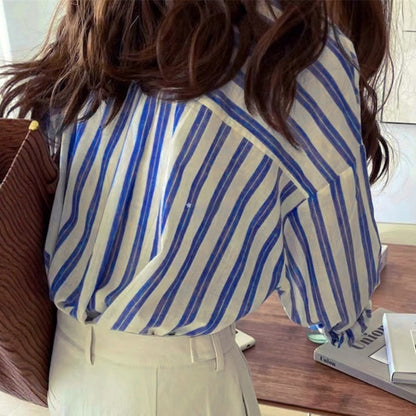 Casual Lapel Elegant Commute Long Sleeve Blue Striped Shirt Women