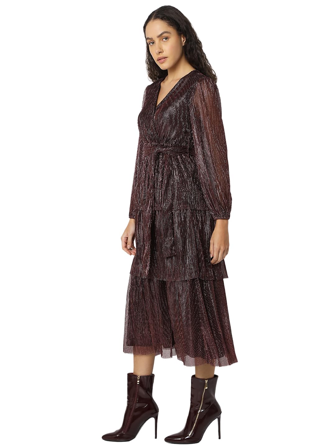 VERO MODA Women Embellished V-Neck Long Puff Sleeves Wrap Midi Dress - SD & CO.