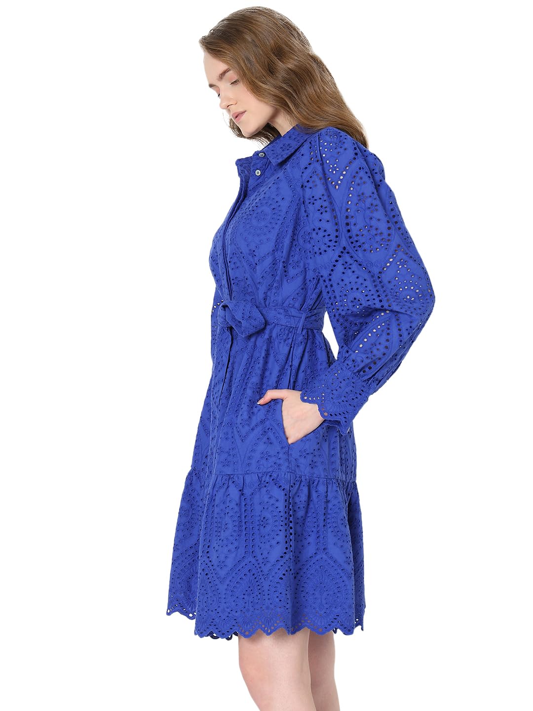 VERO MODA Schiffli Self Design Shirt Collar Cuffed Sleeves Pure Cotton A-Line Midi Dress - SD & CO.