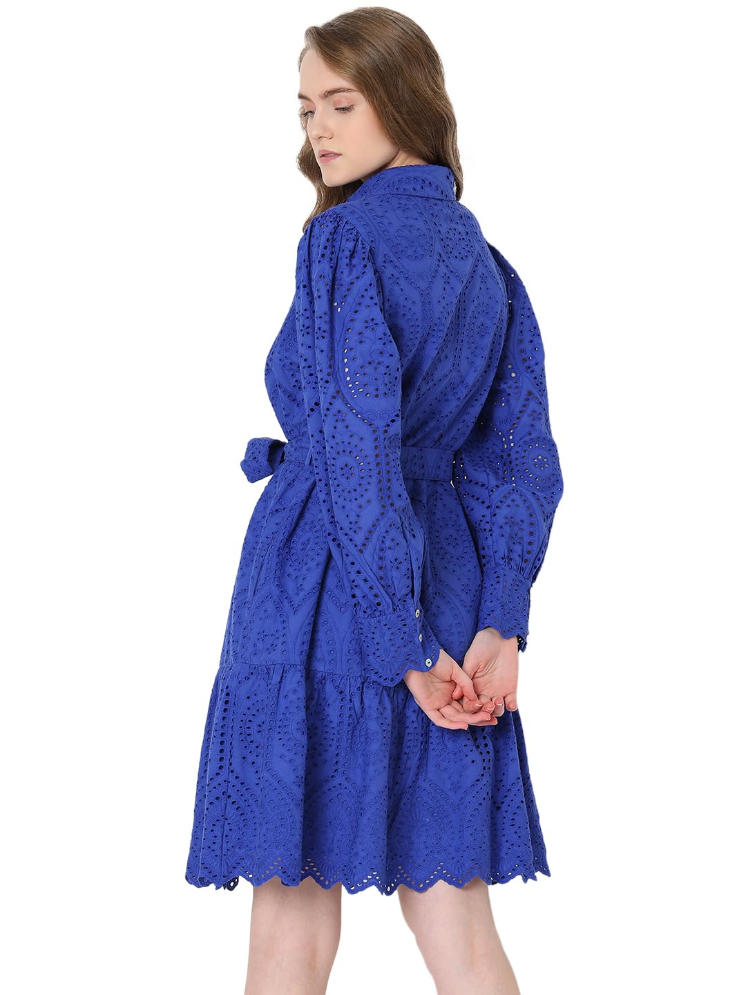 VERO MODA Schiffli Self Design Shirt Collar Cuffed Sleeves Pure Cotton A-Line Midi Dress - SD & CO.