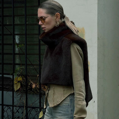 New Solid Color Half Turtleneck Sleeveless Fur Vest For Women