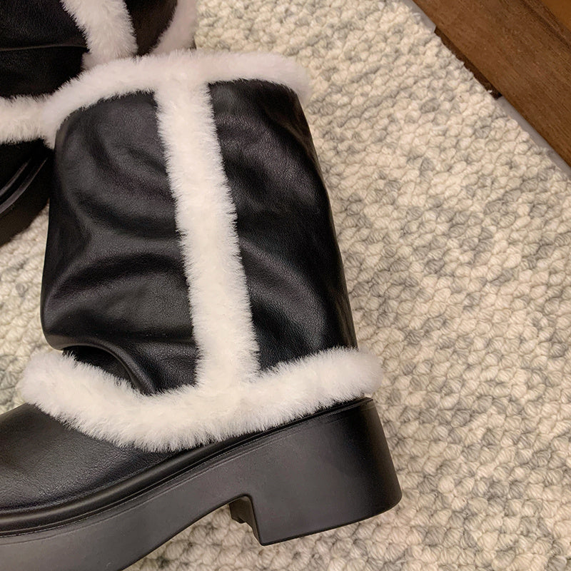 Women's Winter Faux Fur Lined Short Boots, Fashion Thick Bottom Ankle Booties With Warm Plush Trim For Casual Daily Wear