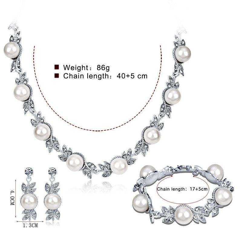 Simple And Elegant Three-piece Set Rhinestone And Pearl Necklace Earrings And Bracelet