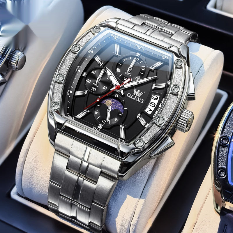 Steel Belt Tonneau Quartz Luminous Men's Watch