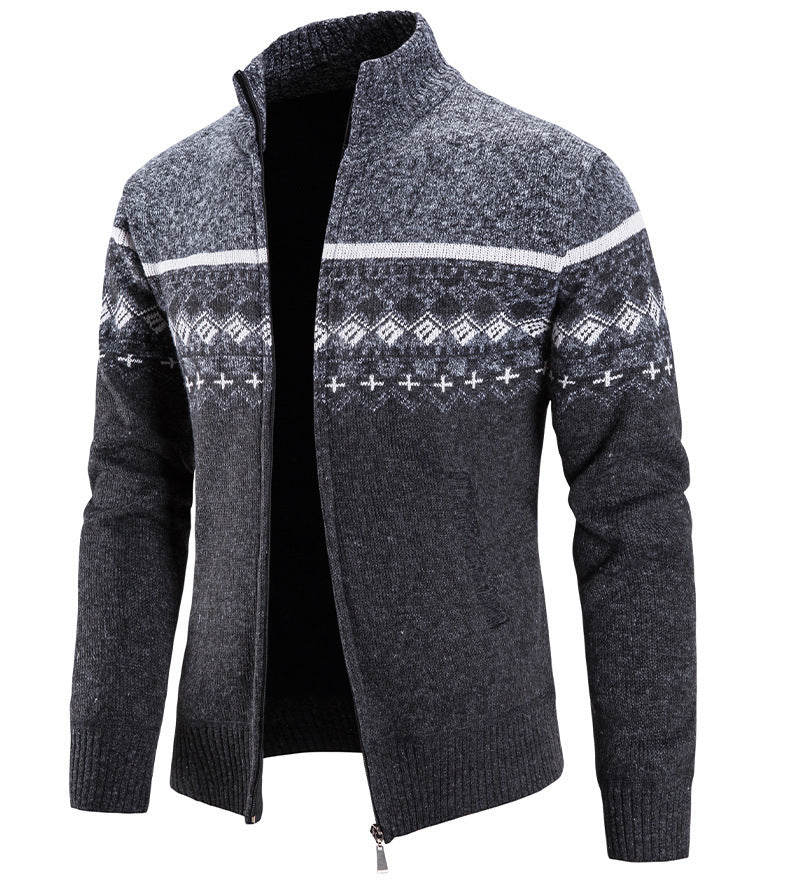 Velvet Thickening Sweater Men's Stand Collar Assorted Colors Retro Jacquard Knitted Cardigan - SD & CO.