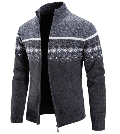 Velvet Thickening Sweater Men's Stand Collar Assorted Colors Retro Jacquard Knitted Cardigan - SD & CO.