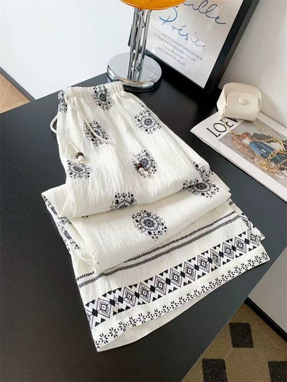 Retro Beaded Drawstring Women's Summer Cool Wide-leg Pants