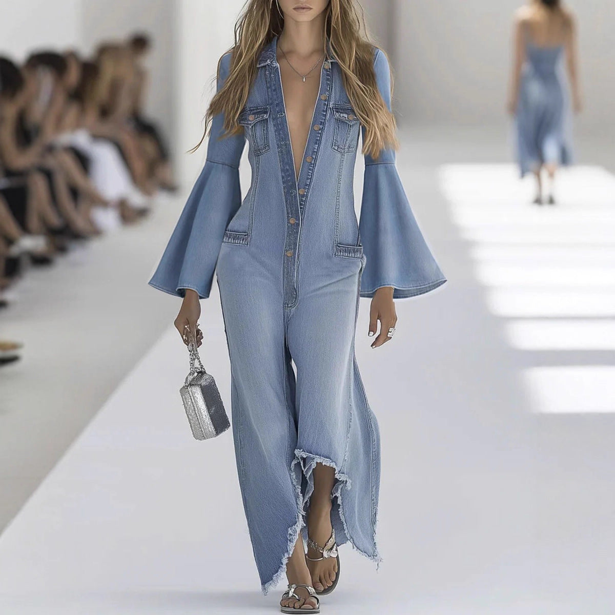 Women's Loose Solid Color Casual Single-breasted Denim Jumpsuit