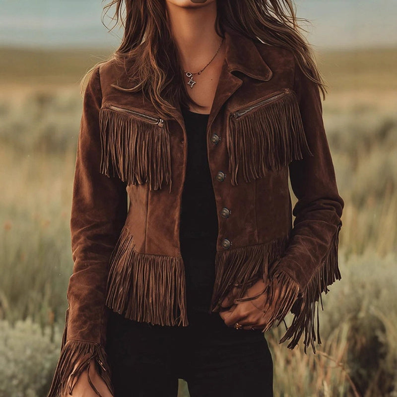Women's Solid Color Fringe Suede-Look Jacket, Western Style Long Sleeve Button Front Coat For Fall & Winter - SD & CO.