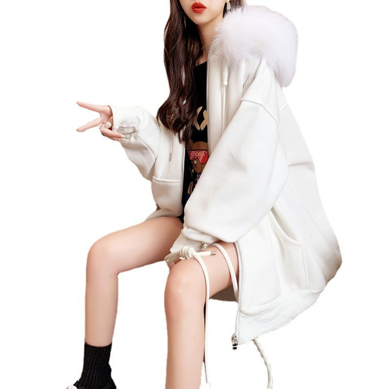 Plus Size Fleece-lined Thicker Hooded Cardigan Sweater Loose Design