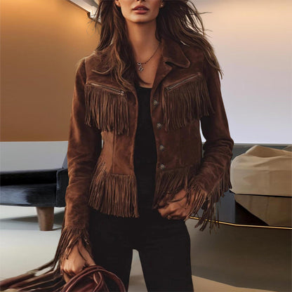 Women's Solid Color Fringe Suede-Look Jacket, Western Style Long Sleeve Button Front Coat For Fall & Winter - SD & CO.