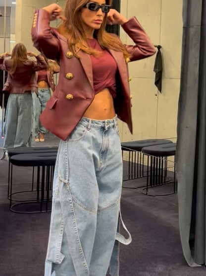 Light Blue Denim Wide-Leg Pants With Dramatic Flap Details And Oversized Fit