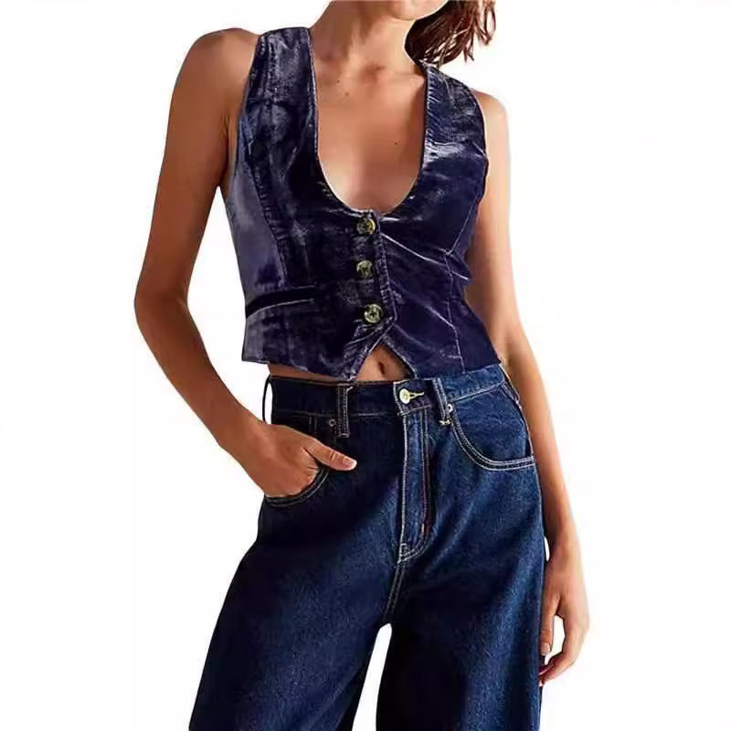 Spring New Retro Black V-neck Sleeveless Top For Women