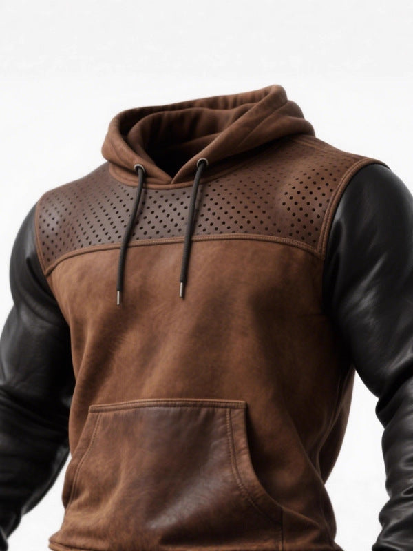 Men's Retro Brown Leather Decorative Perforated Hooded Casual Sweatshirt - SD & CO.