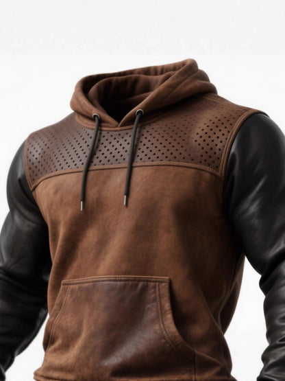 Men's Retro Brown Leather Decorative Perforated Hooded Casual Sweatshirt - SD & CO.