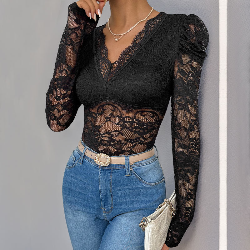 Lace patchwork bubble long sleeved slim fitting jumpsuit