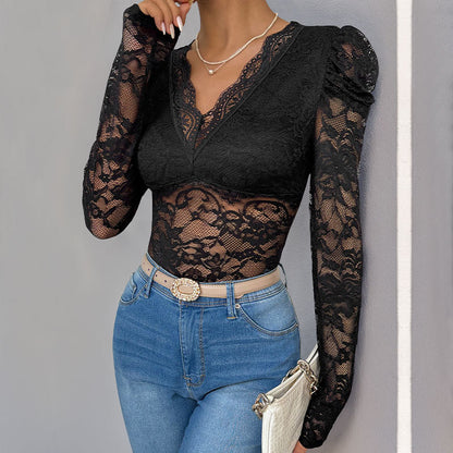 Lace patchwork bubble long sleeved slim fitting jumpsuit
