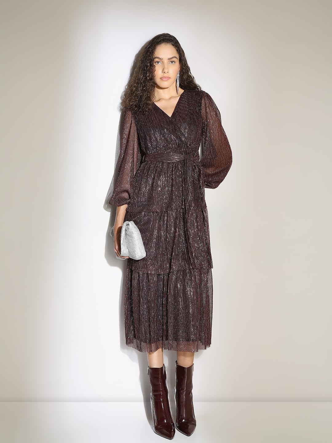 VERO MODA Women Embellished V-Neck Long Puff Sleeves Wrap Midi Dress - SD & CO.