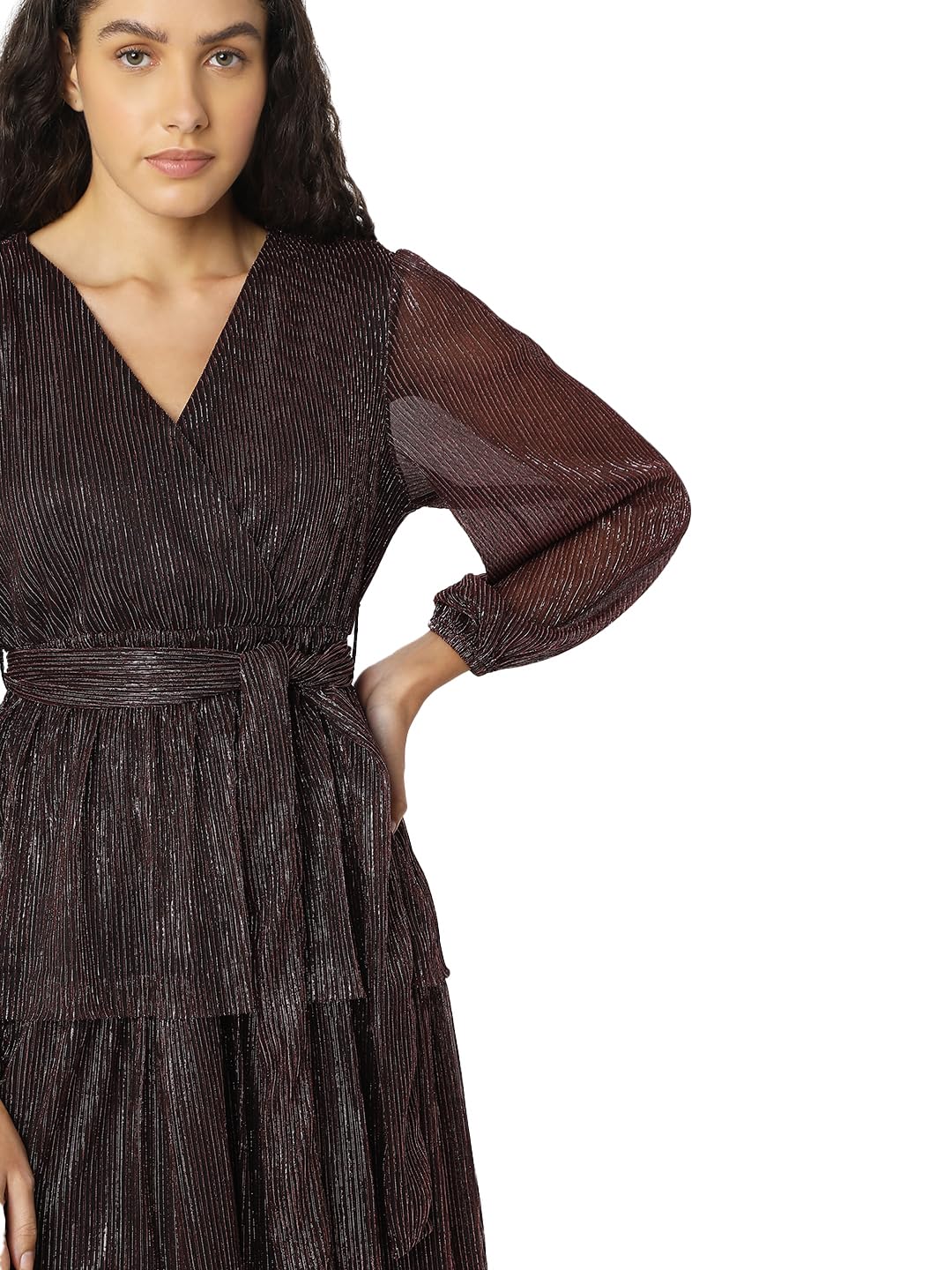 VERO MODA Women Embellished V-Neck Long Puff Sleeves Wrap Midi Dress - SD & CO.