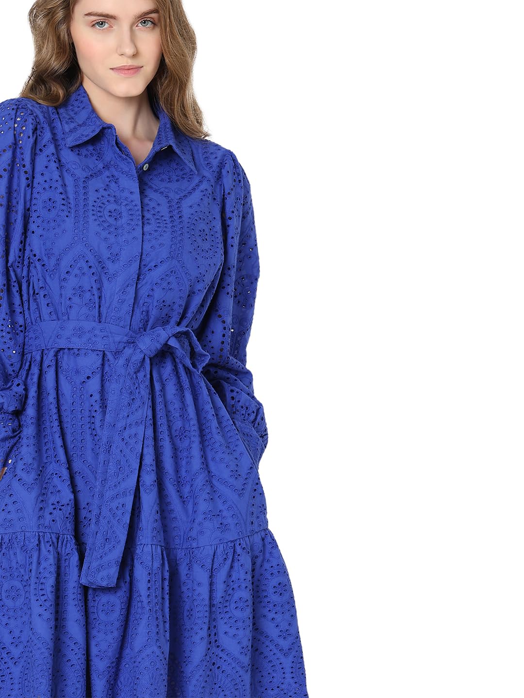 VERO MODA Schiffli Self Design Shirt Collar Cuffed Sleeves Pure Cotton A-Line Midi Dress - SD & CO.