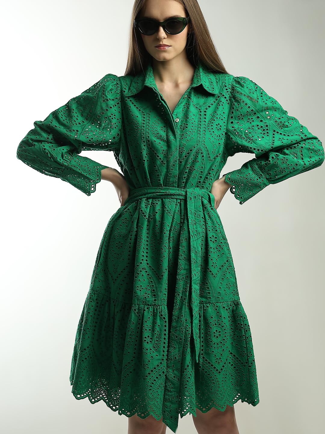 VERO MODA Schiffli Self Design Shirt Collar Cuffed Sleeves Pure Cotton A-Line Midi Dress - SD & CO.