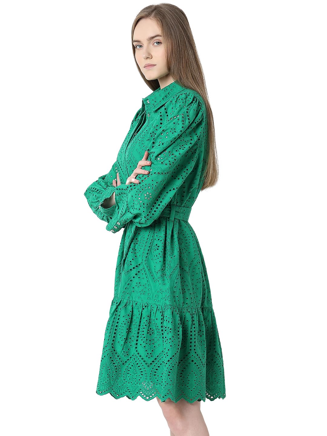 VERO MODA Schiffli Self Design Shirt Collar Cuffed Sleeves Pure Cotton A-Line Midi Dress - SD & CO.