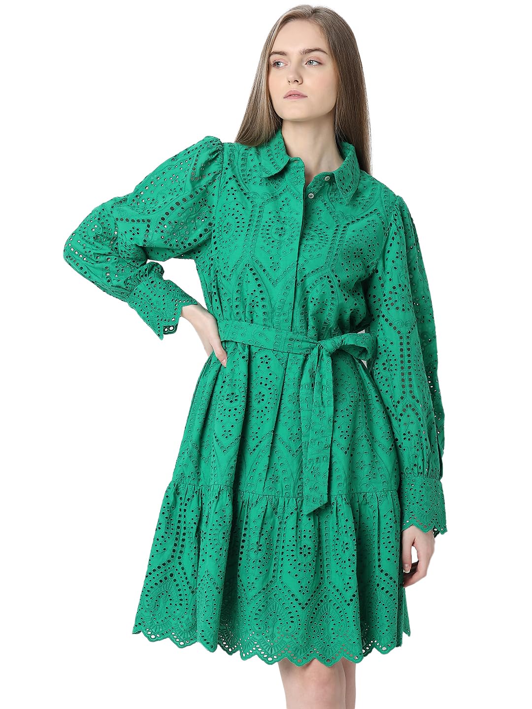 VERO MODA Schiffli Self Design Shirt Collar Cuffed Sleeves Pure Cotton A-Line Midi Dress - SD & CO.