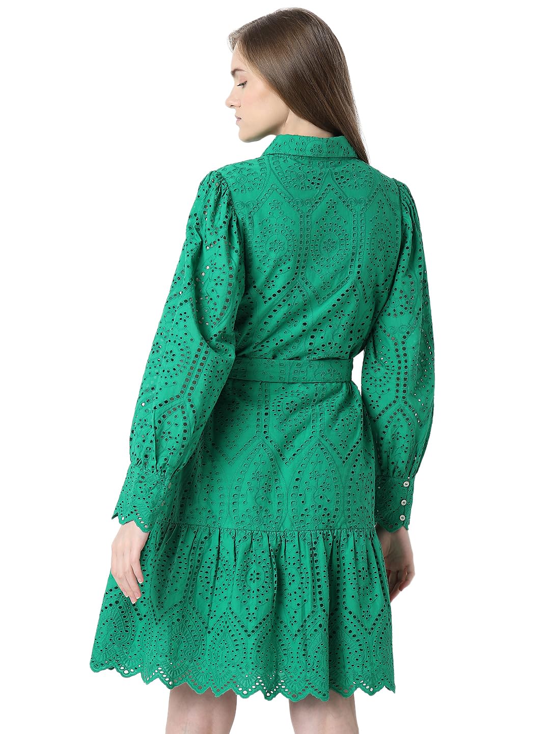 VERO MODA Schiffli Self Design Shirt Collar Cuffed Sleeves Pure Cotton A-Line Midi Dress - SD & CO.