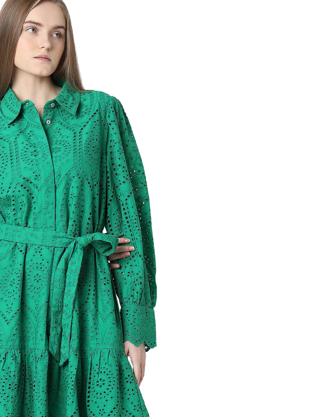 VERO MODA Schiffli Self Design Shirt Collar Cuffed Sleeves Pure Cotton A-Line Midi Dress - SD & CO.