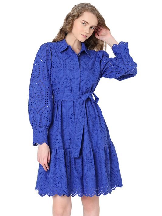 VERO MODA Schiffli Self Design Shirt Collar Cuffed Sleeves Pure Cotton A-Line Midi Dress - SD & CO.