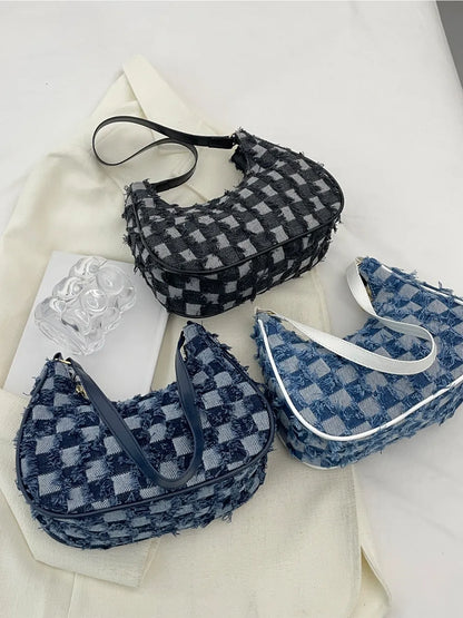 Checkered Raw Hem Shoulder Bag