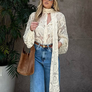 French Ribbon Sheer Lace Long-sleeve Blouse For Women