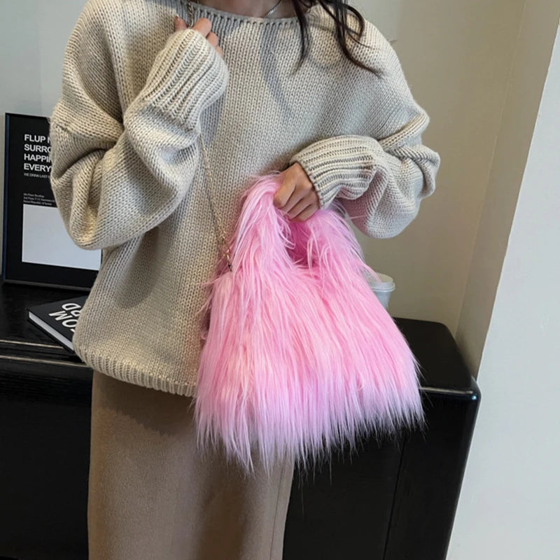 Winter Faux Fur Shoulder Bag for Women Trendy Fuzzy Handbags Plush Crossbody Bag Fluffy Tote Bag Handle Mobile Phone Bag
