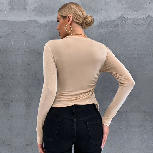 Slim-fit Round-neck Long-sleeve Glossy Knit Top For Women