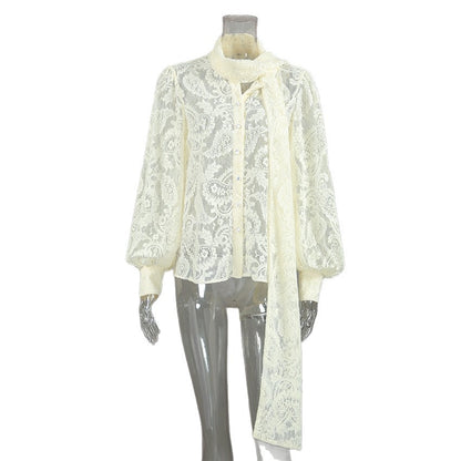 French Ribbon Sheer Lace Long-sleeve Blouse For Women