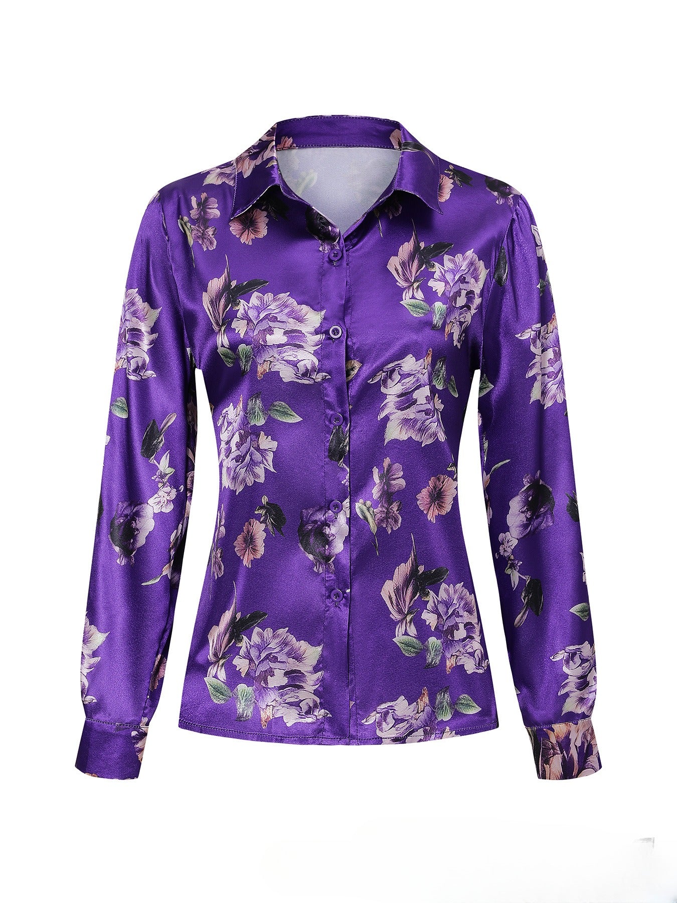 Purple Satin Floral Print Long Sleeve Shirt