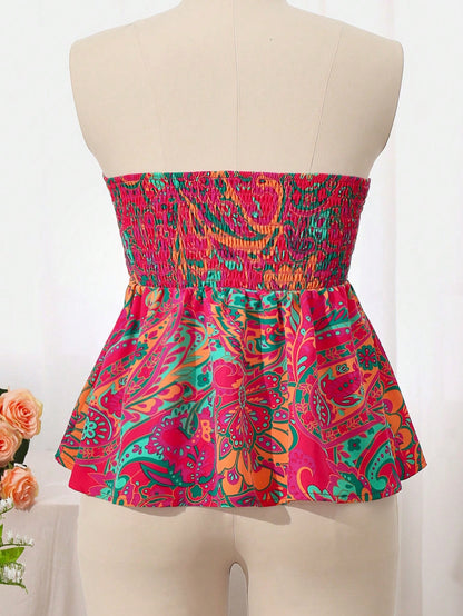 Strapless Cinched Waist Ruffle Hem Floral Printed Vacation Top