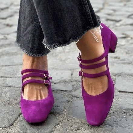 Women's Leather Square Toe Low-cut Retro Style Chunky Heel High Heels