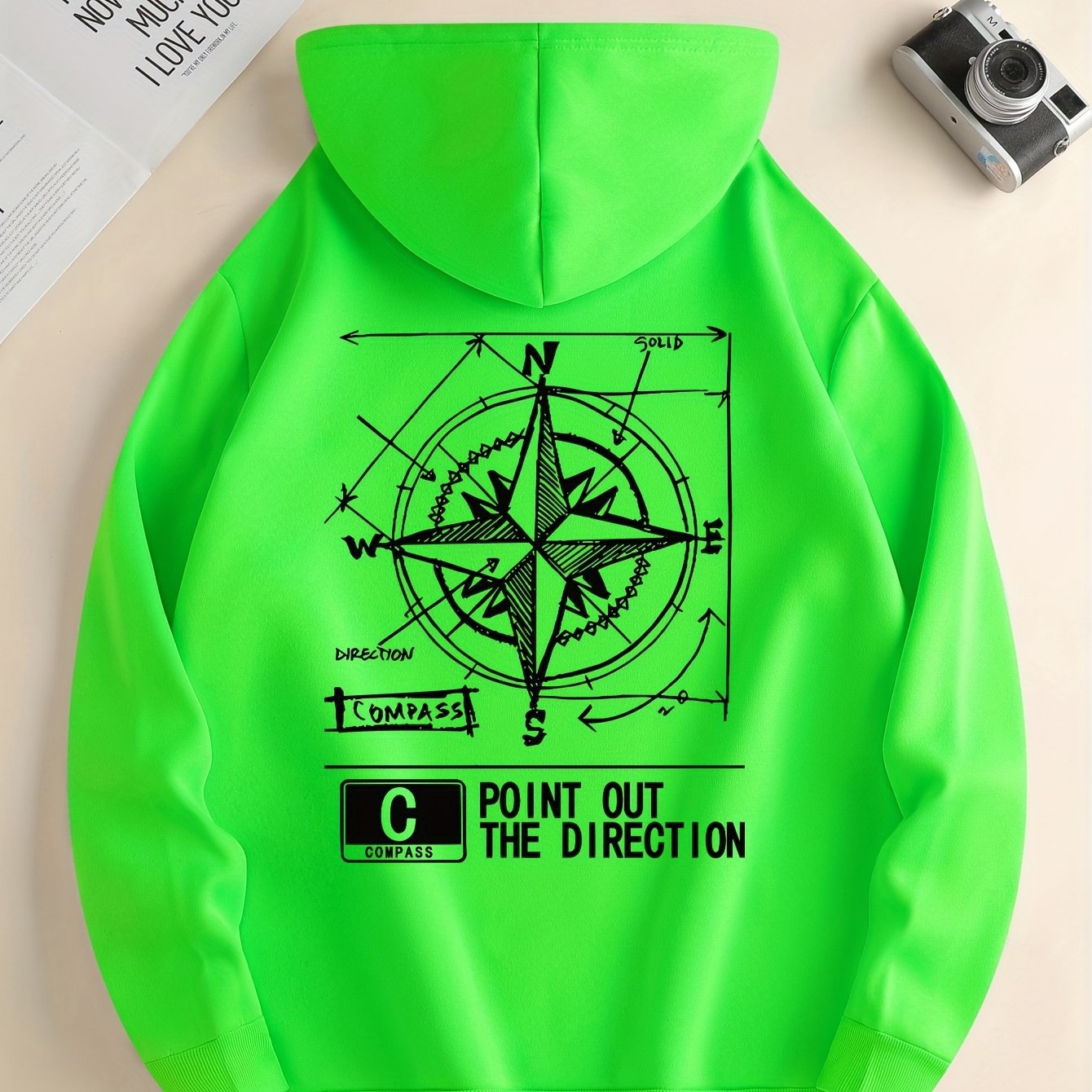 Fashion Green Compass Pattern Hoodie Casual Autumnwinter Pullover With Drawstring Kangaroo Pocke