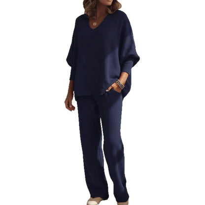 V-neck Long-sleeved Top Knitted Home Pants Suit 2-piece Set