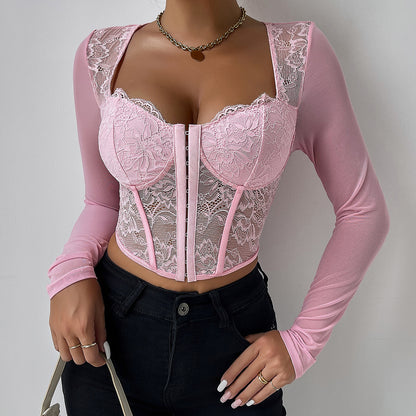 Women's Solid Color Lace Mesh Button-up Corset V-neck Top