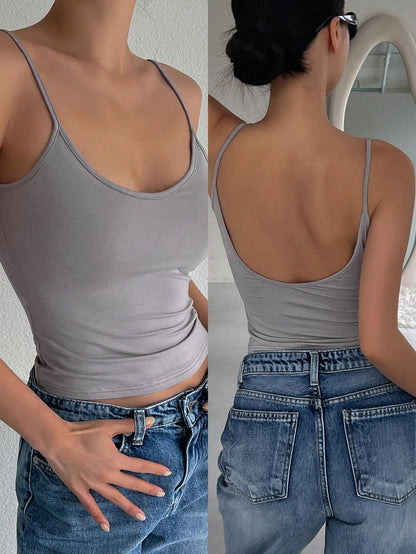 Women's Solid Color Casual Slim-Fit Backless Camisole Top