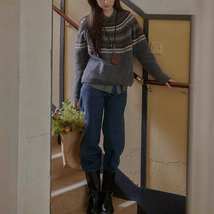Wool Fair Isle Knit Crewneck Sweater Women Soft Top