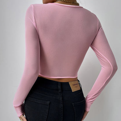 Women's Solid Color Lace Mesh Button-up Corset V-neck Top