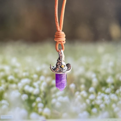 Retro Natural Amethyst Hexagonal Witch Hat Pendant Necklace
