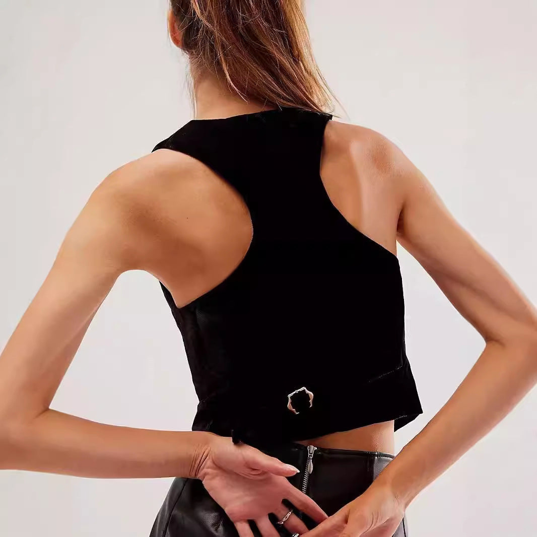 Spring New Retro Black V-neck Sleeveless Top For Women